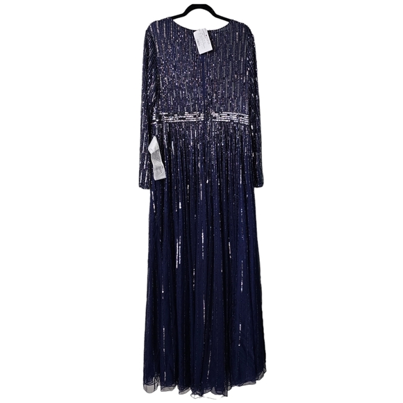 MAC DUGGAL Sequined V-Neck Illusion Sleeve A-Line Gown Blue Dress Womens size 14 - Picture 4 of 8